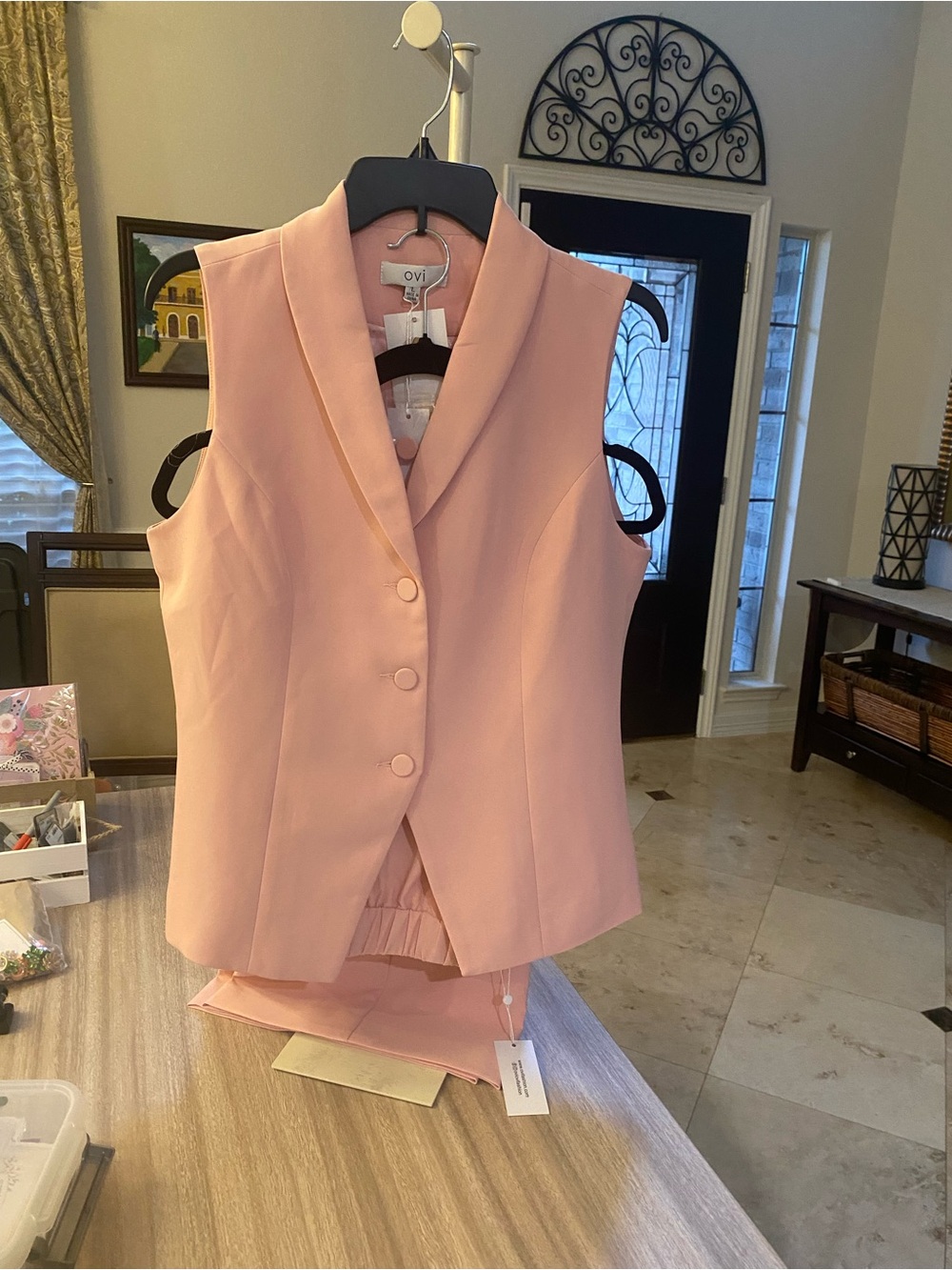 Sleeveless pant suite. Blazer Vest in Soft Blush Pink, lined.